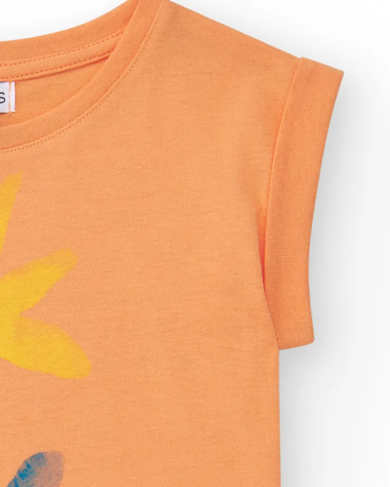 T-shirt pour fille en orange, manches courtes et col rond.