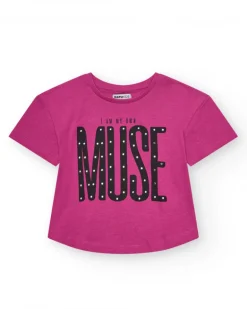 T-shirt pour fille en rose, à manches courtes, avec message sur le devant.