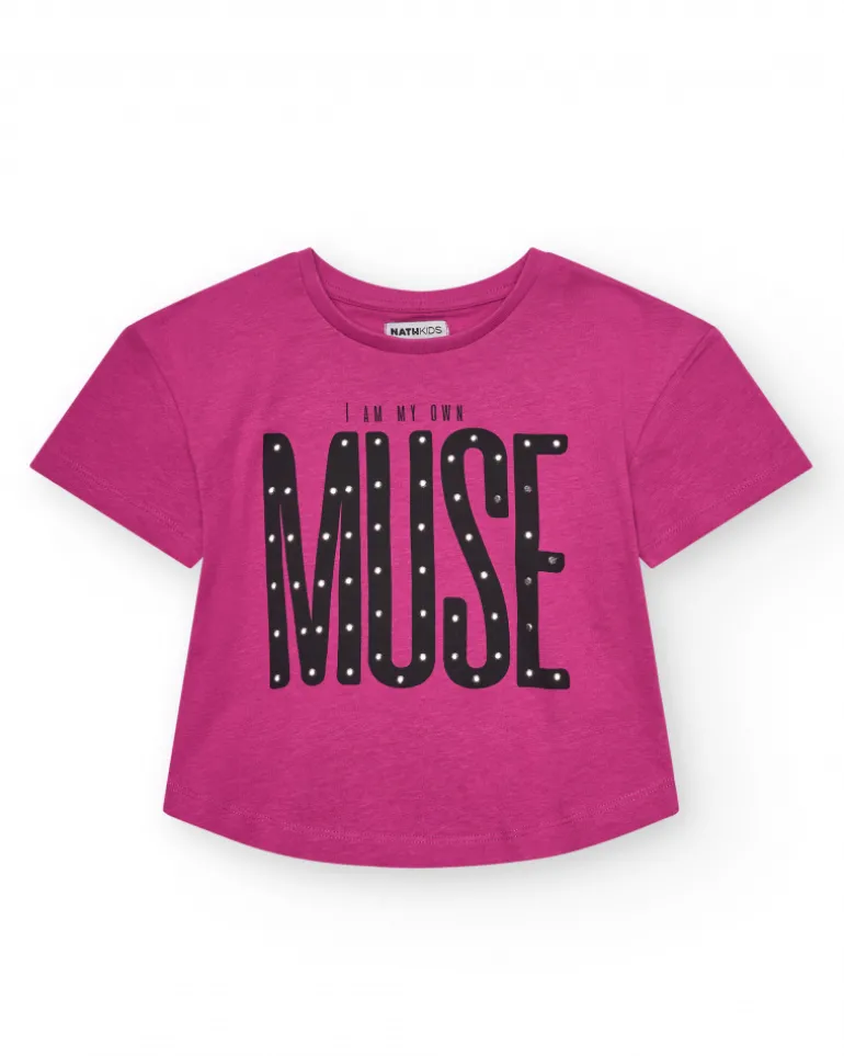 T-shirt pour fille en rose, à manches courtes, avec message sur le devant.