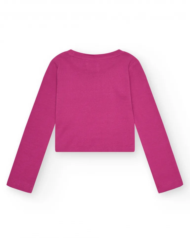 T-shirt pour fille en rose, à manches longues, avec message sur le devant.