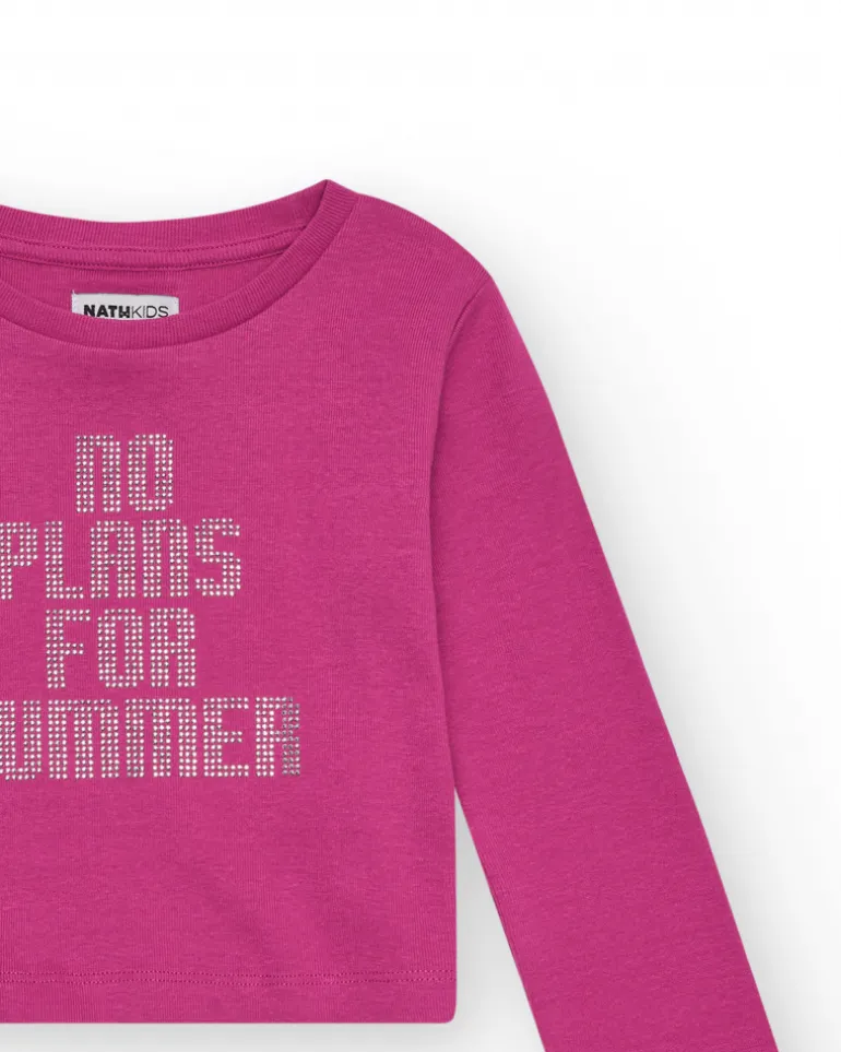 T-shirt pour fille en rose, à manches longues, avec message sur le devant.