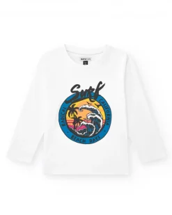 T-shirt pour garçon en blanc avec imprimé tropical.