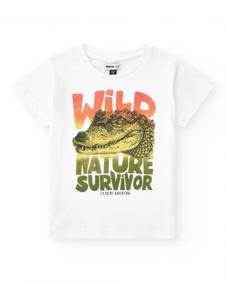 T-shirt pour garçon en blanc avec imprimé crocodile et message