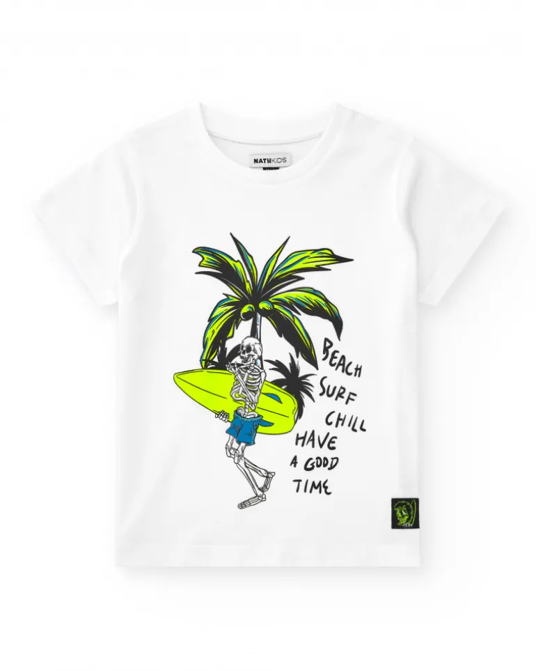 T-shirt pour garçon en blanc avec imprimé squelette.