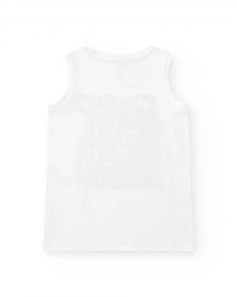 T-shirt pour garçon en blanc avec graphique de vague et lettres noires.