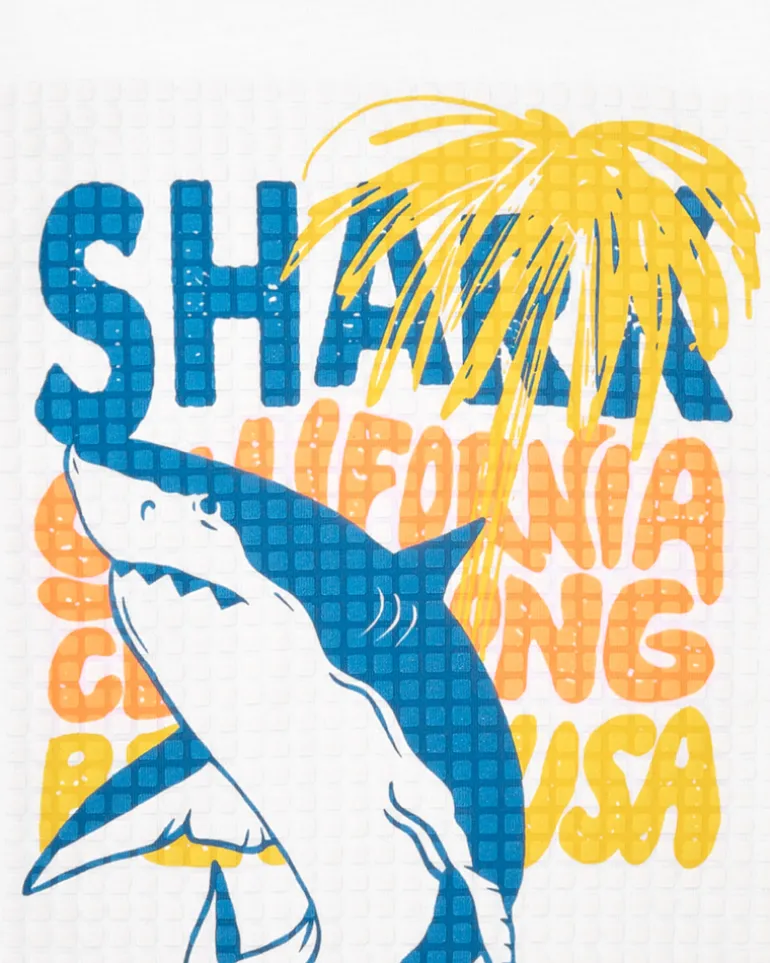 T-shirt pour garçon en blanc avec imprimé de lettres colorées et requin.