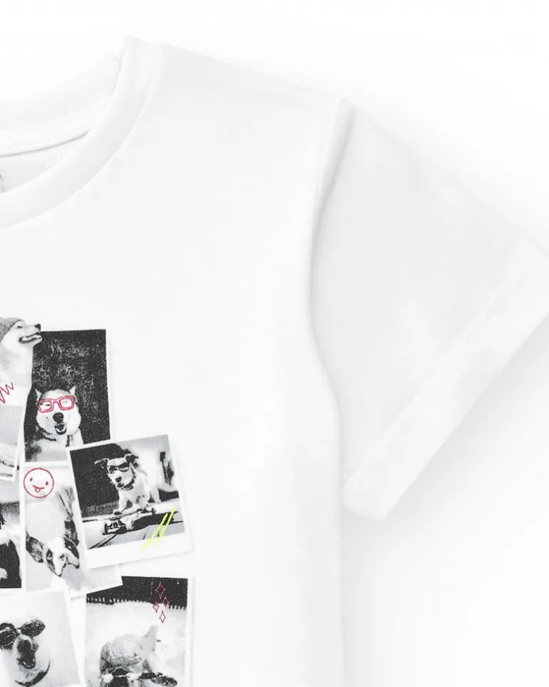 T-shirt pour garçon en blanc avec imprimé photographique.