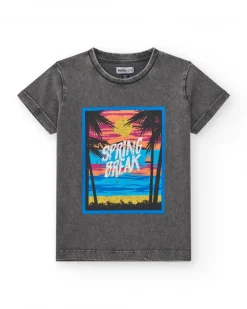 T-shirt pour garçon en gris avec imprimé tropical.