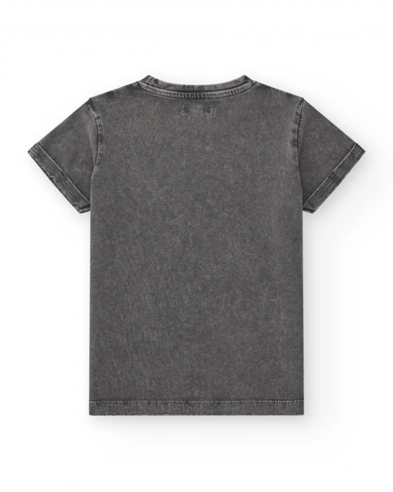 T-shirt pour garçon en gris avec imprimé tropical.