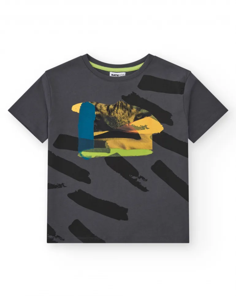 T-shirt pour garçon en kaki avec design géométrique.