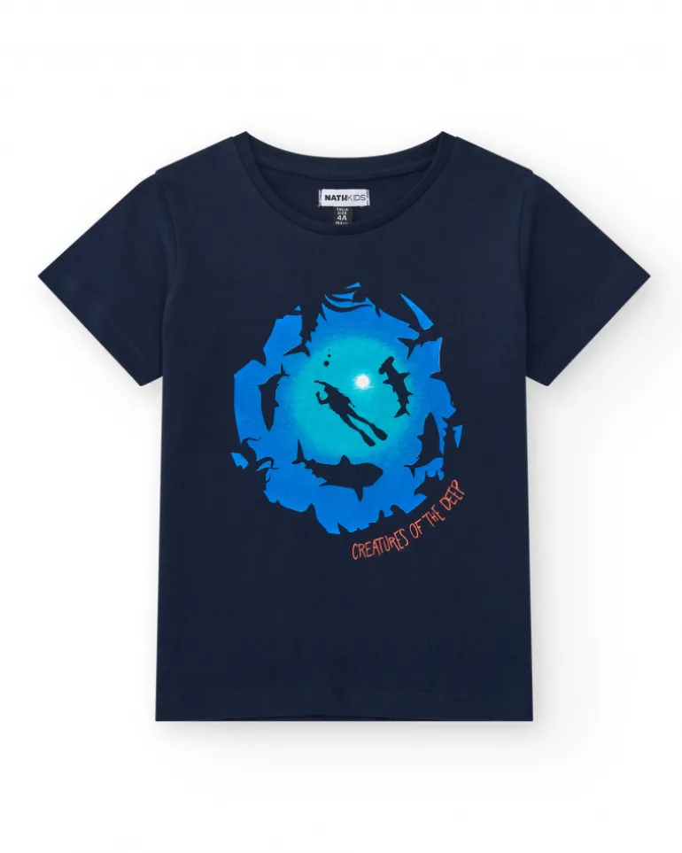 T-shirt pour garçon en noir avec imprimé océanique