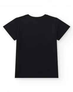 T-shirt pour garçon en noir avec lettres colorées.