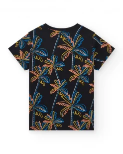T-shirt pour garçon en noir avec imprimé tropical.