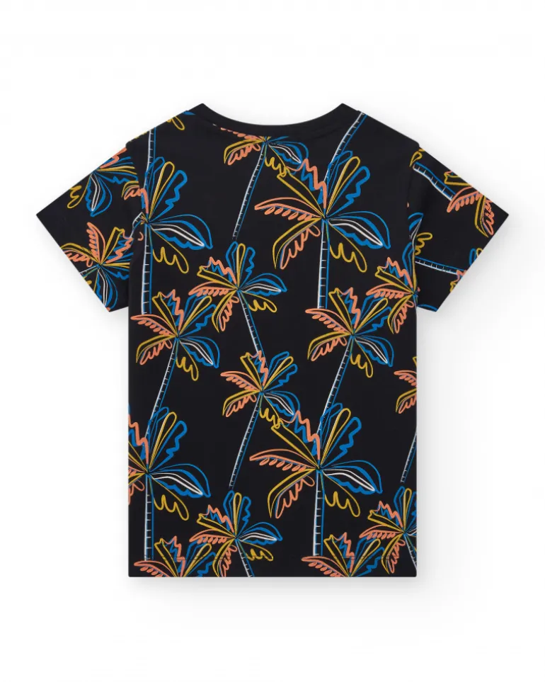 T-shirt pour garçon en noir avec imprimé tropical.