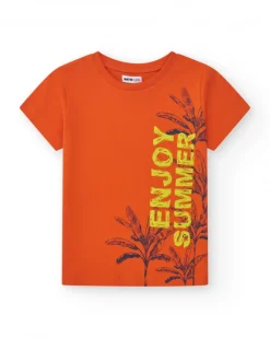 T-shirt pour garçon en orange avec imprimé de feuilles
