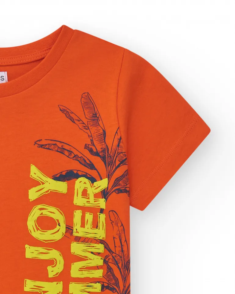 T-shirt pour garçon en orange avec imprimé de feuilles