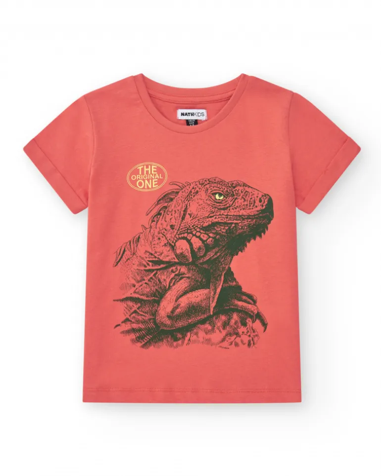 T-shirt pour garçon en rouge avec imprimé iguane