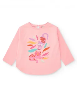 T-shirt rose à manches longues pour fille avec imprimé d’animaux