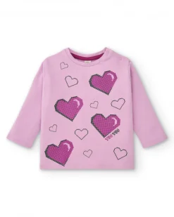 T-shirt rose manches longues avec coeurs pour fille collection Cyber Dino