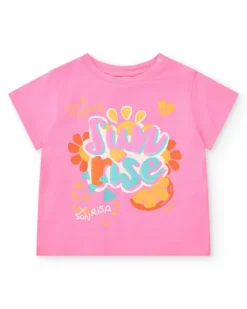 T-shirt rose pour fille avec phrases et détails décoratifs