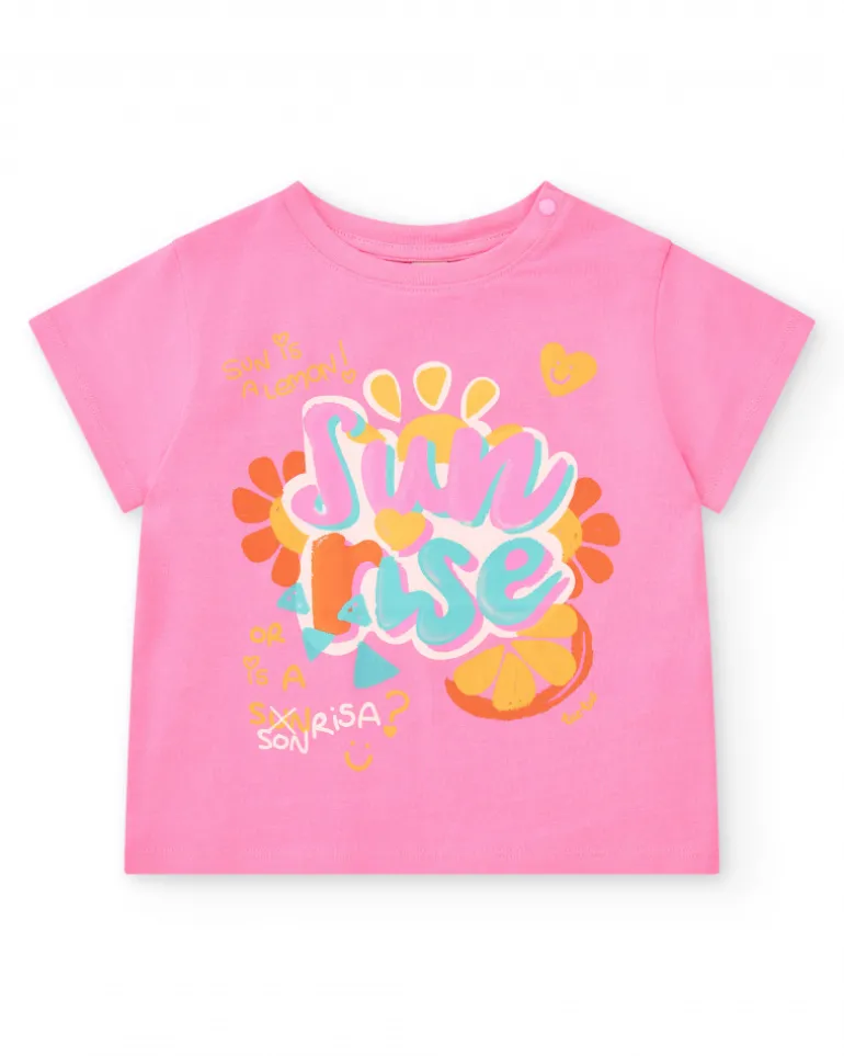 T-shirt rose pour fille avec phrases et détails décoratifs