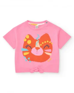T-shirt rose pour fille avec visage d’animal et nœud inférieur