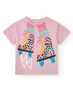 T-shirt rose pour fille avec patins et cœurs