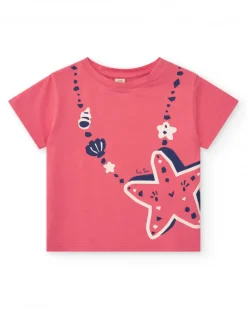 T-shirt rose pour fille avec étoile de mer et coquillages
