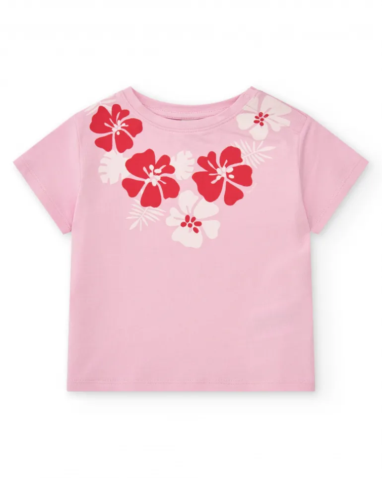 T-shirt rose pour fille avec imprimé floral et fermeture à l’