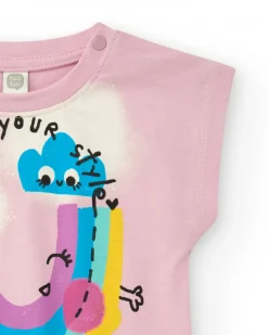 T-shirt rose pour fille avec manches tombantes et taille élastique