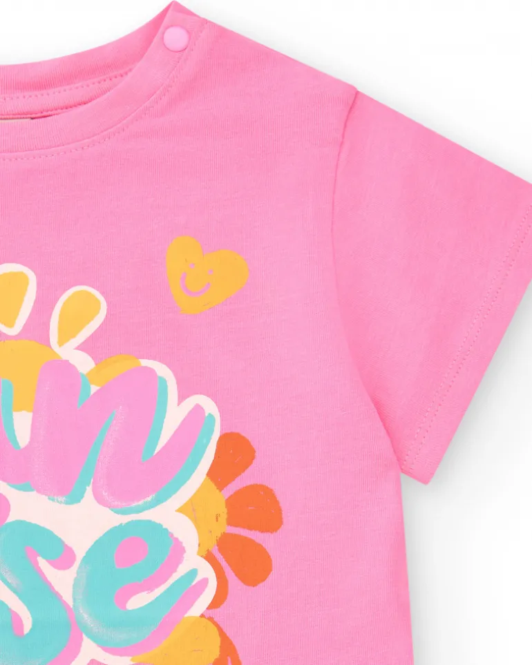 T-shirt rose pour fille avec phrases et détails décoratifs