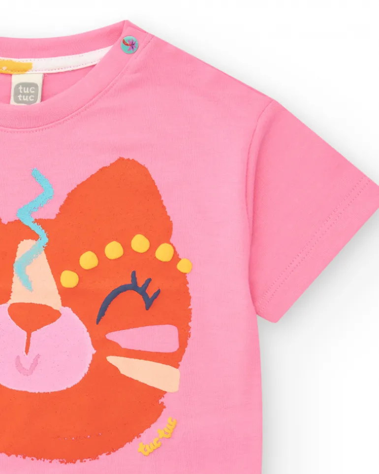 T-shirt rose pour fille avec visage d’animal et nœud inférieur