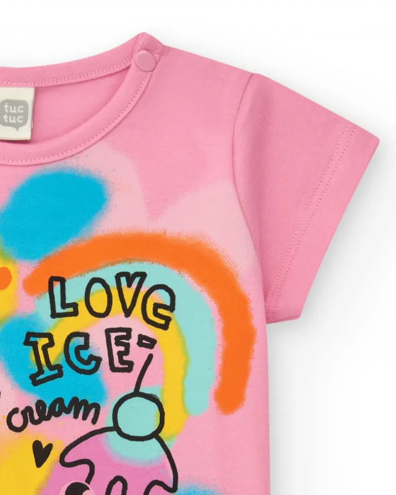 T-shirt rose pour fille avec glace, cœurs et nœud décoratif