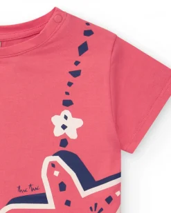 T-shirt rose pour fille avec étoile de mer et coquillages