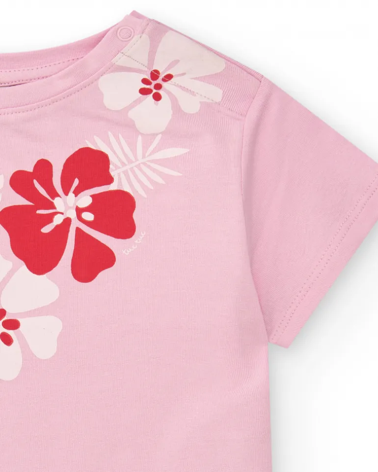 T-shirt rose pour fille avec imprimé floral et fermeture à l’