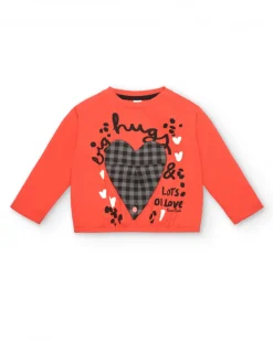T-shirt rouge avec coeur à carreaux et message "Hugs & Love" pour fille de la collection Cartoon Calling