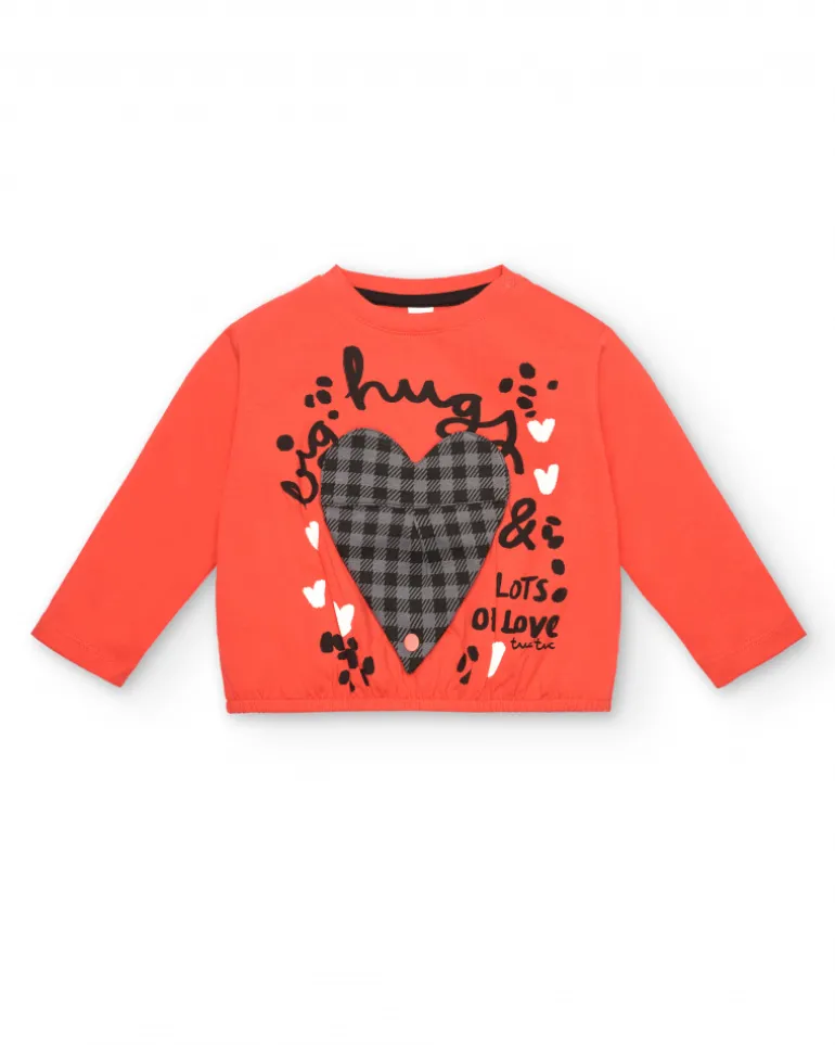 T-shirt rouge avec coeur à carreaux et message "Hugs & Love" pour fille de la collection Cartoon Calling