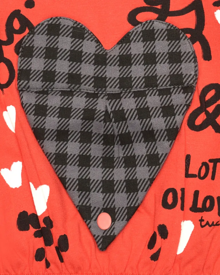 T-shirt rouge avec coeur à carreaux et message "Hugs & Love" pour fille de la collection Cartoon Calling