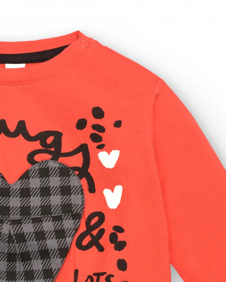 T-shirt rouge avec coeur à carreaux et message "Hugs & Love" pour fille de la collection Cartoon Calling