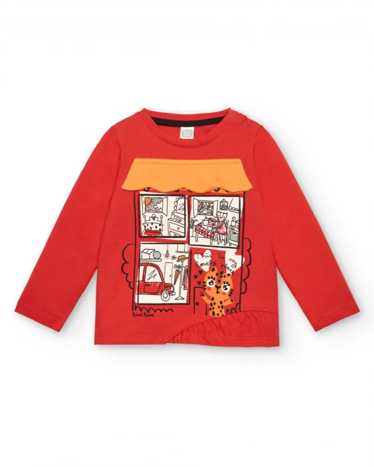 T-shirt rouge avec fenêtre et imprimé chaton pour fille de la collection Cartoon Calling