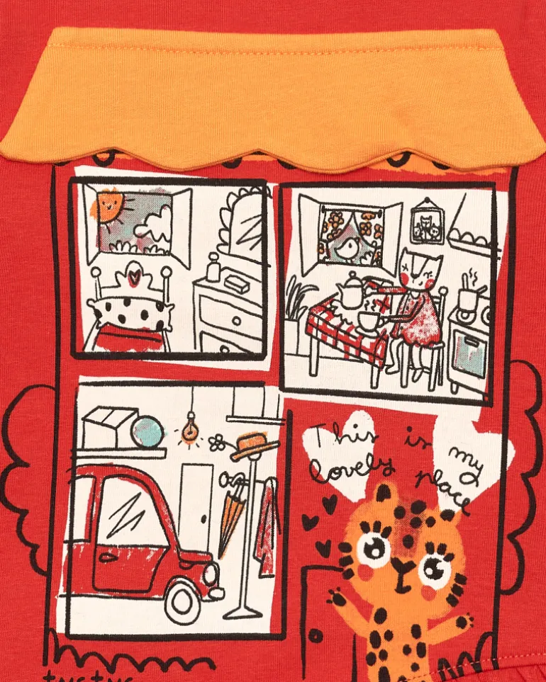 T-shirt rouge avec fenêtre et imprimé chaton pour fille de la collection Cartoon Calling