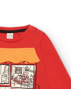 T-shirt rouge avec fenêtre et imprimé chaton pour fille de la collection Cartoon Calling