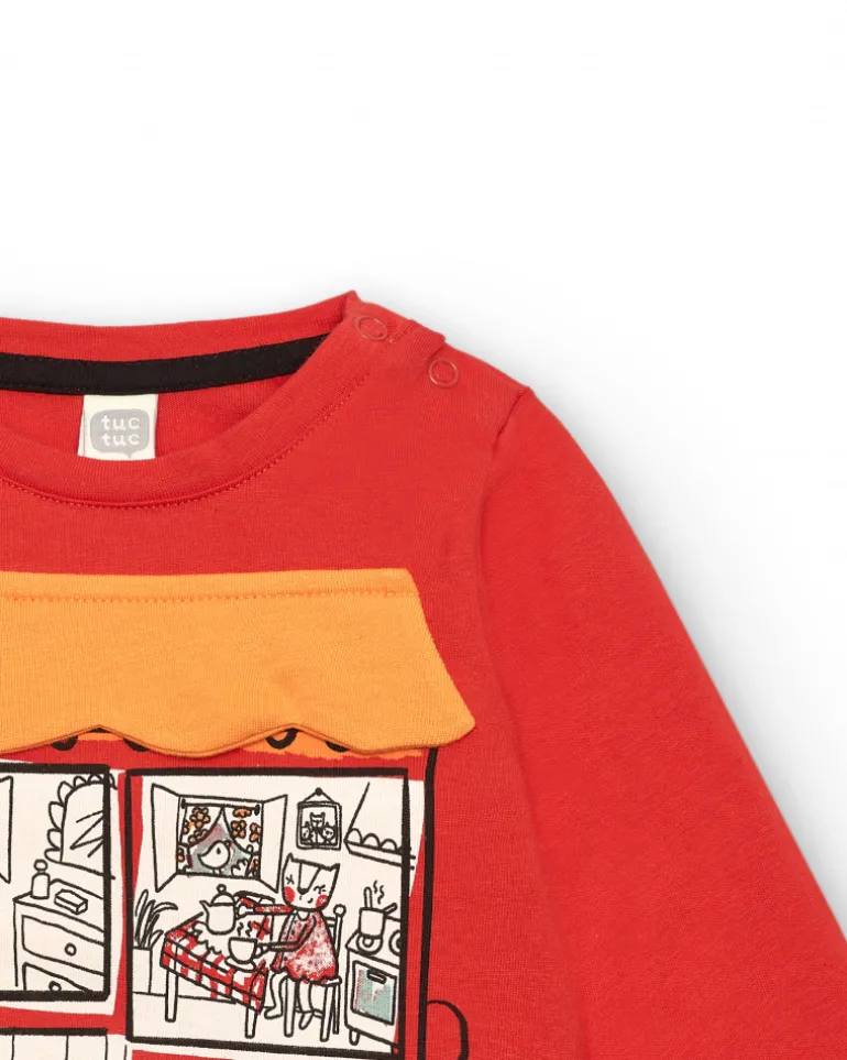 T-shirt rouge avec fenêtre et imprimé chaton pour fille de la collection Cartoon Calling