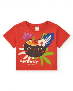 T-shirt rouge pour fille avec imprimé tropical de noix de coco