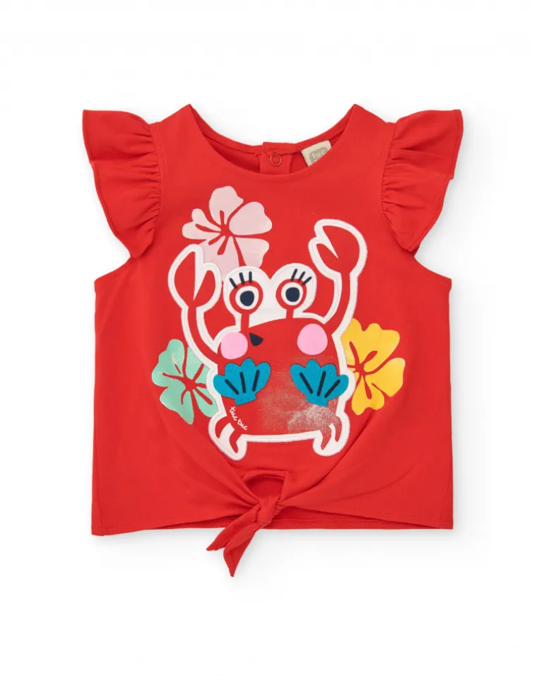 T-shirt rouge pour fille avec imprimé de crabe et volants