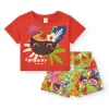T-shirt rouge pour fille avec imprimé tropical de noix de coco et fruits