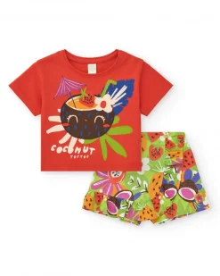 T-shirt rouge pour fille avec imprimé tropical de noix de coco et fruits