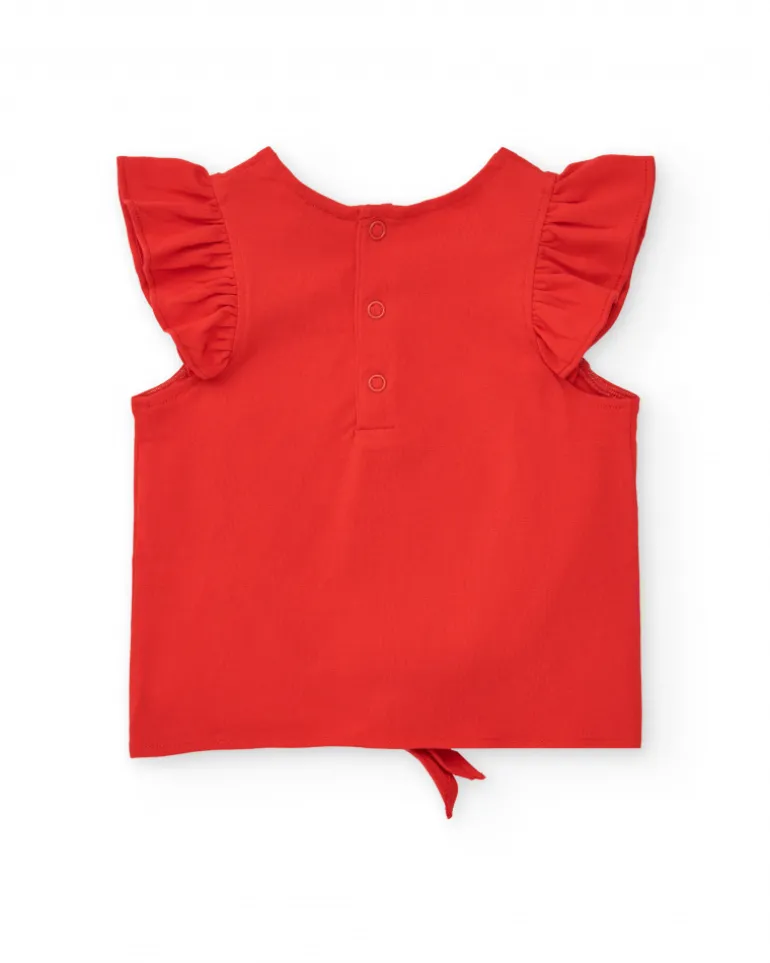 T-shirt rouge pour fille avec imprimé de crabe et volants