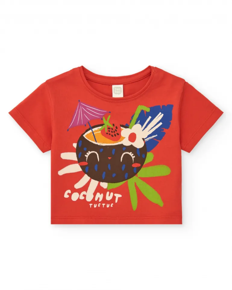 T-shirt rouge pour fille avec imprimé tropical de noix de coco et fruits