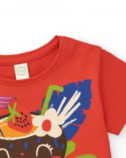 T-shirt rouge pour fille avec imprimé tropical de noix de coco